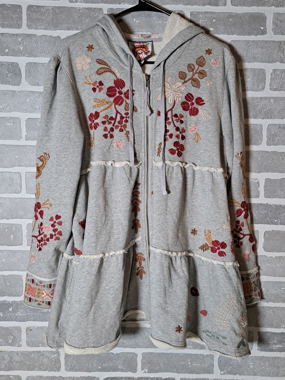 Johnny Was Embroidered Hooded Tiered Jacket - Light Gray with Floral Accents Lg